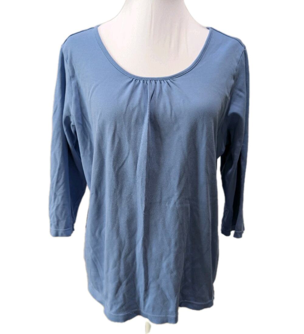 L.L.BEAN Women's Size Medium V-Neck Blue Pleated Front Supima Cotton Shirt Top